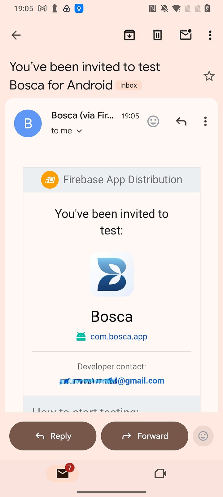 Firebase App Distribution invitation email: you've been invited to test Bosca for Android
