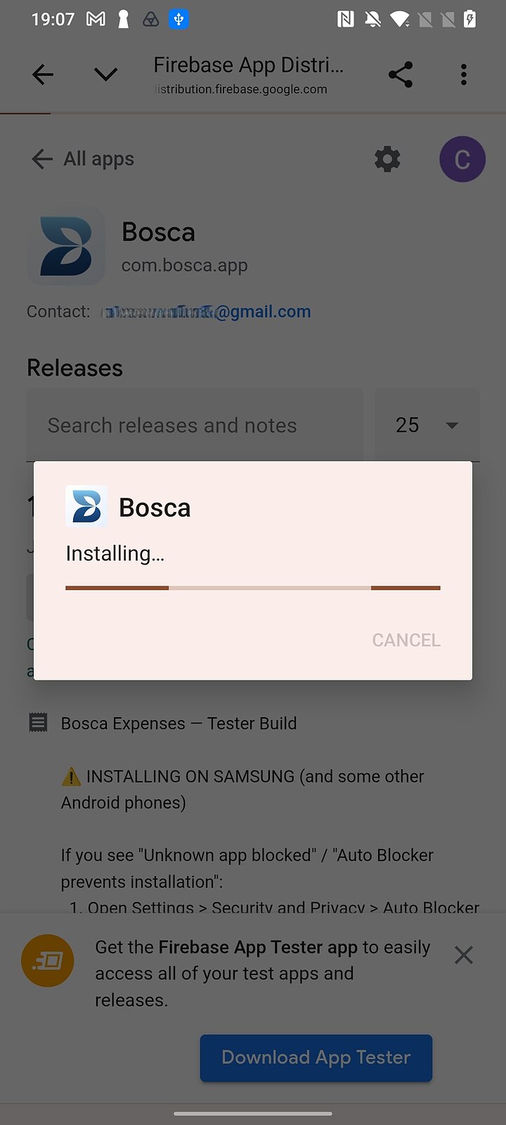 Bosca installing progress dialog