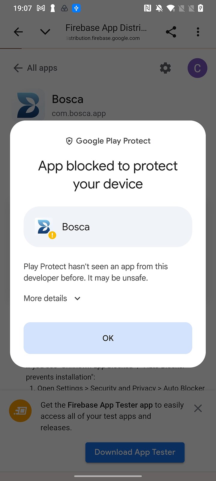 Google Play Protect dialog: app blocked to protect your device, with a More details link
