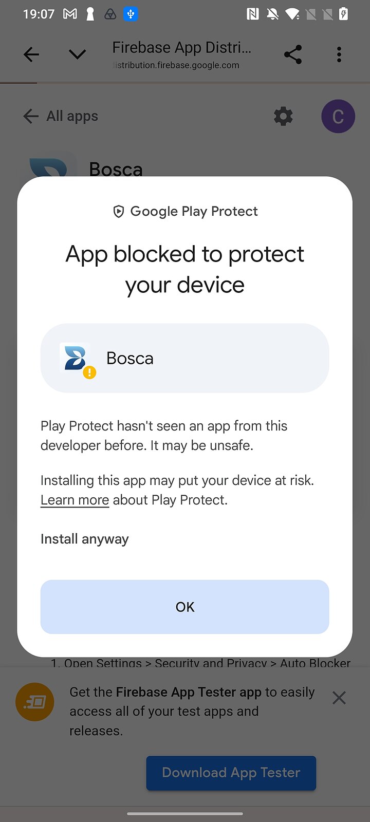 Play Protect dialog expanded, revealing the Install anyway option