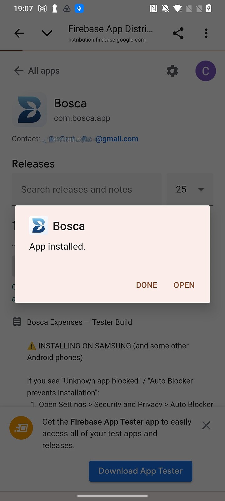 App installed dialog with the Open button