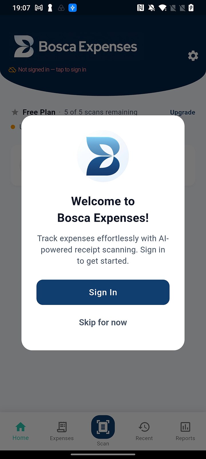 Bosca first launch welcome screen with the Sign In button