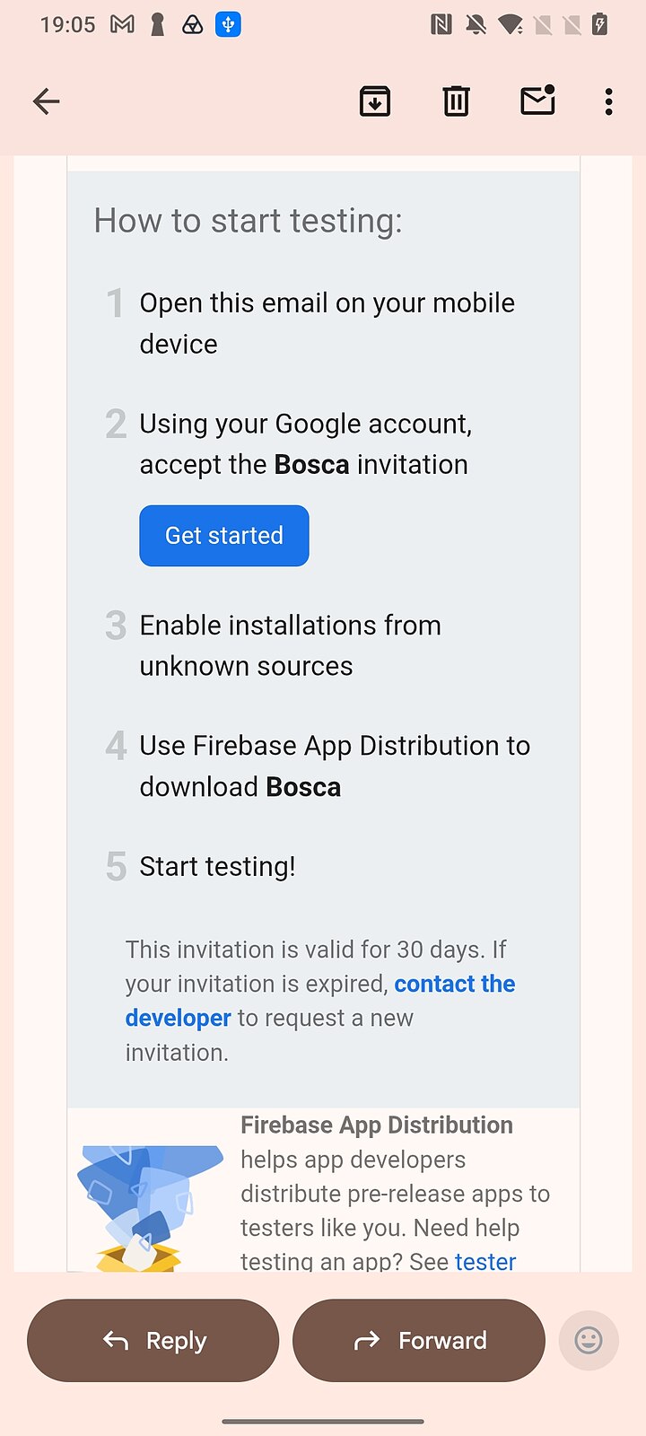 The invitation email's how-to-start-testing steps with the Get started button