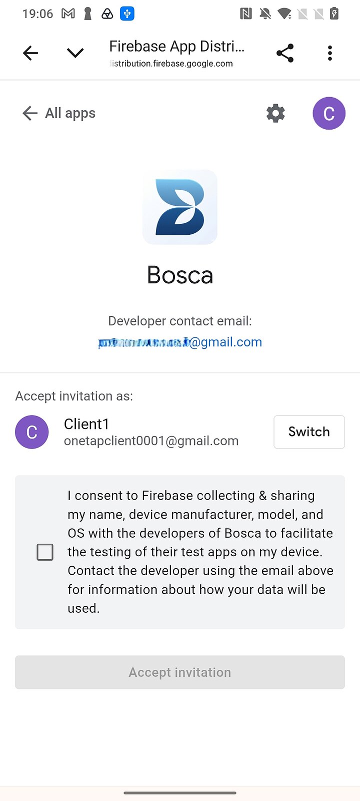Firebase page accepting the invitation with a Google account and a consent checkbox