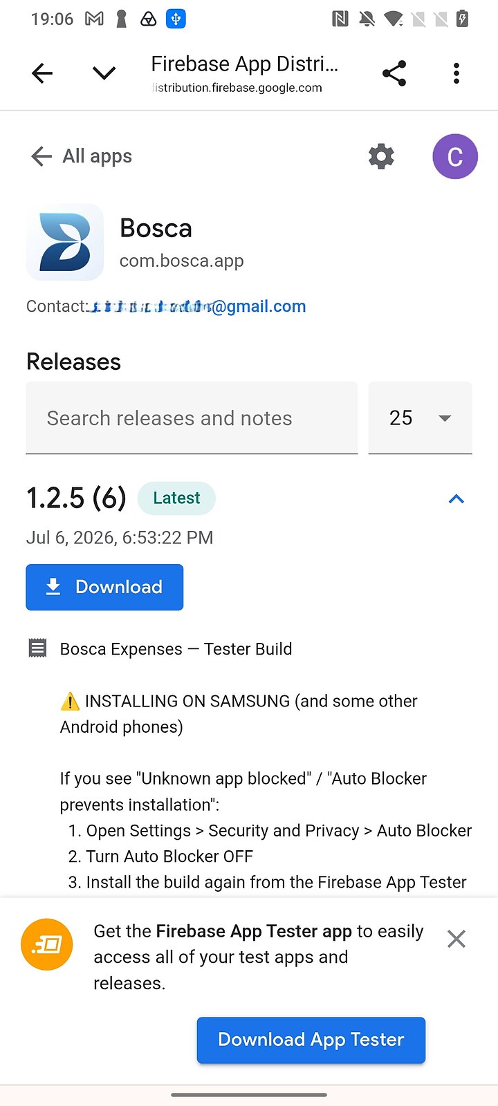 Bosca releases page showing the latest build with a Download button