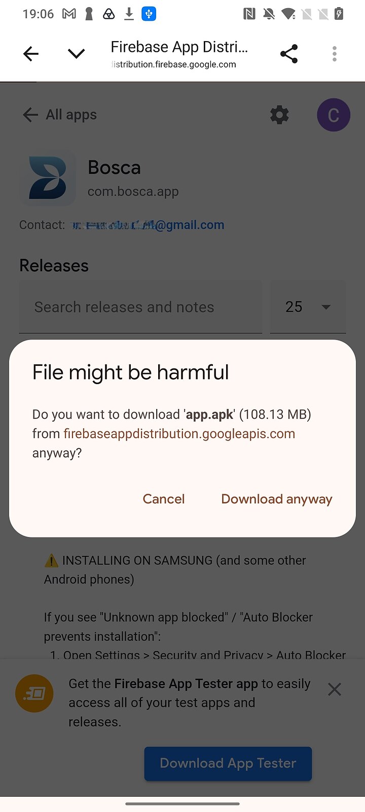 Chrome warning that the APK file might be harmful, with the Download anyway option