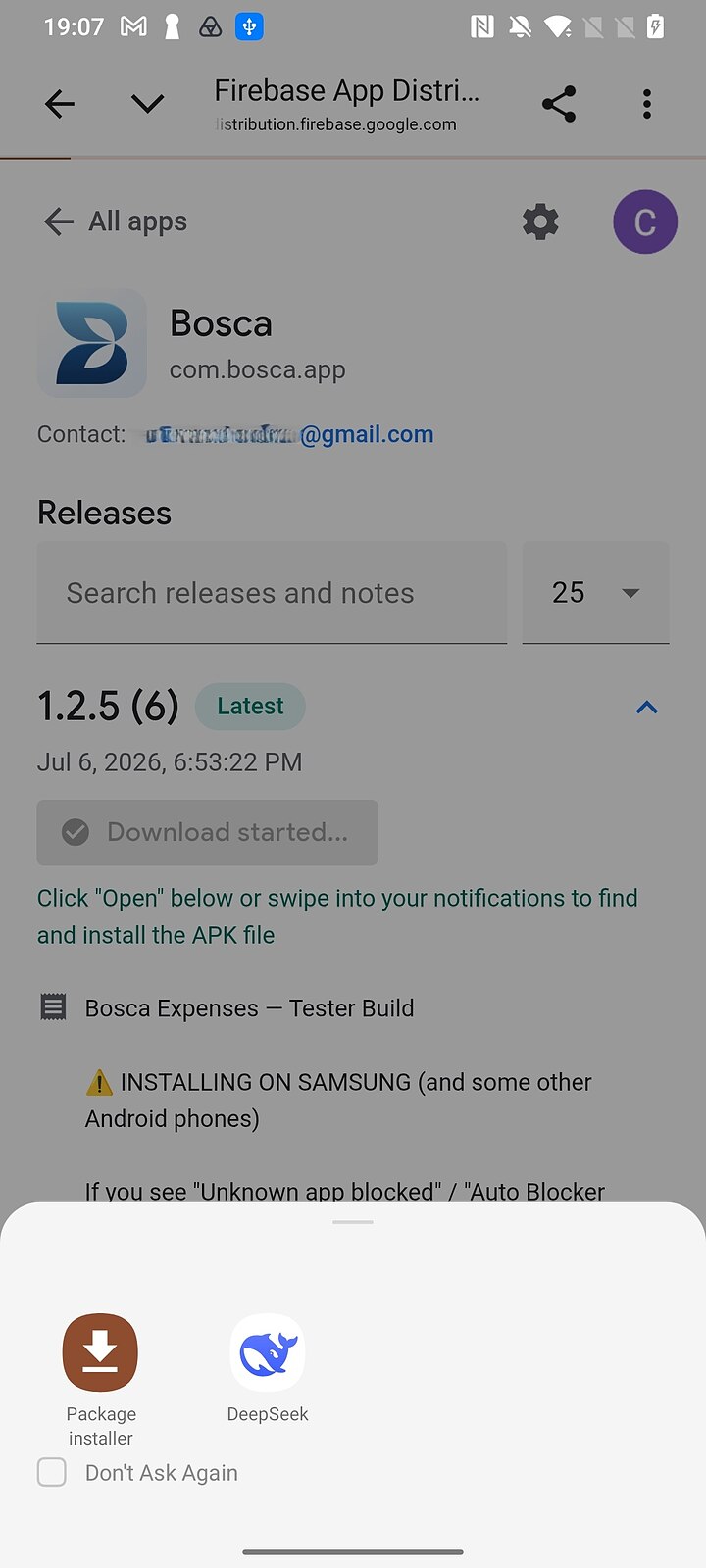 Android asking which app to open the file with — choose Package installer
