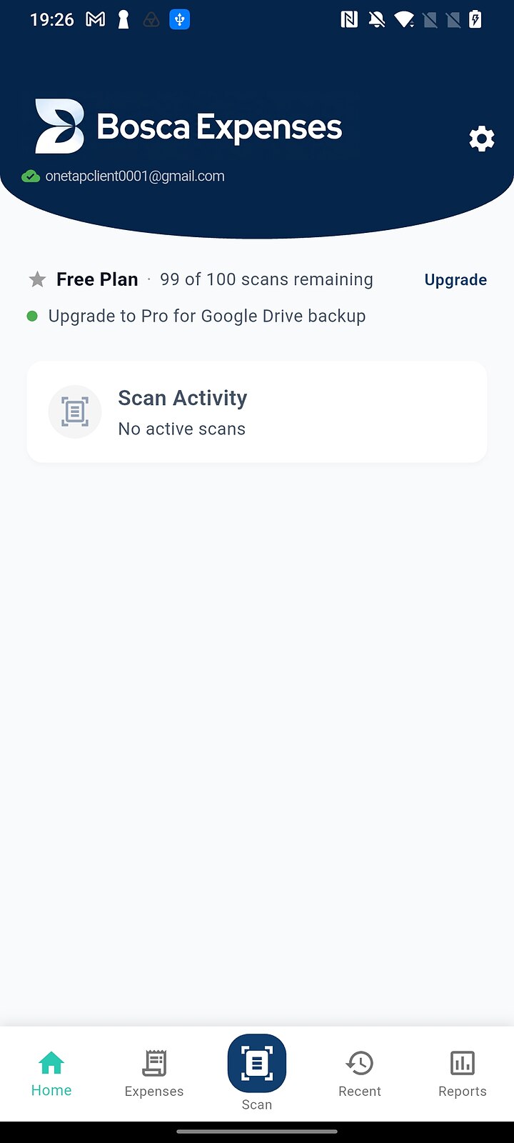 Bosca home screen with the settings gear in the top corner