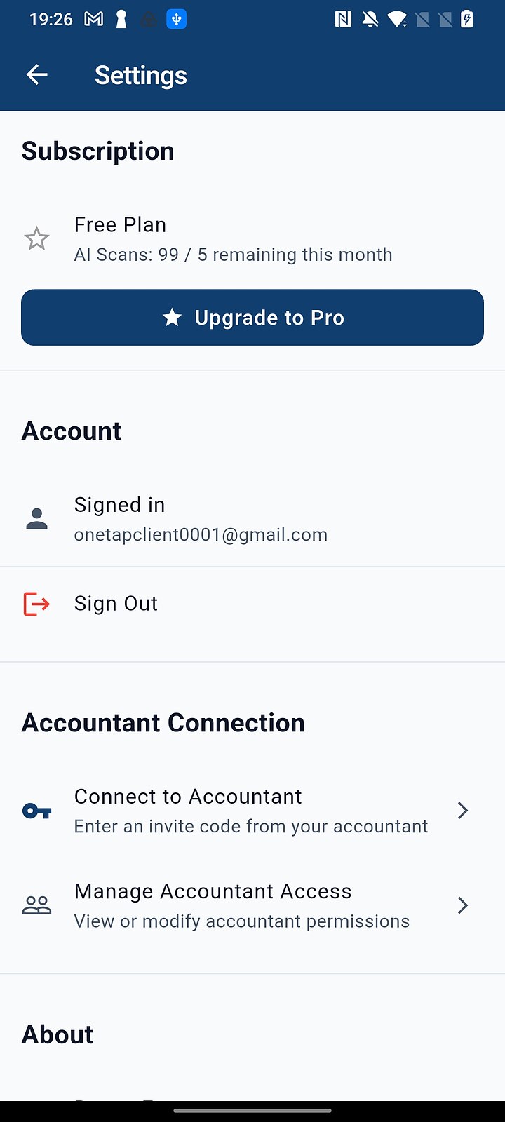 Settings screen showing the Accountant Connection section with Connect to Accountant