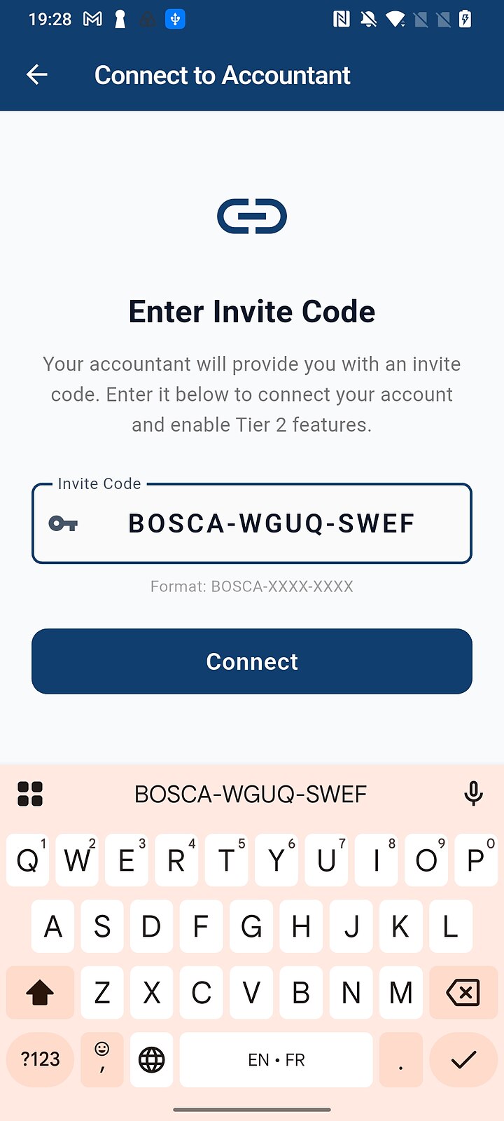 Enter Invite Code screen with a code typed in, format BOSCA-XXXX-XXXX