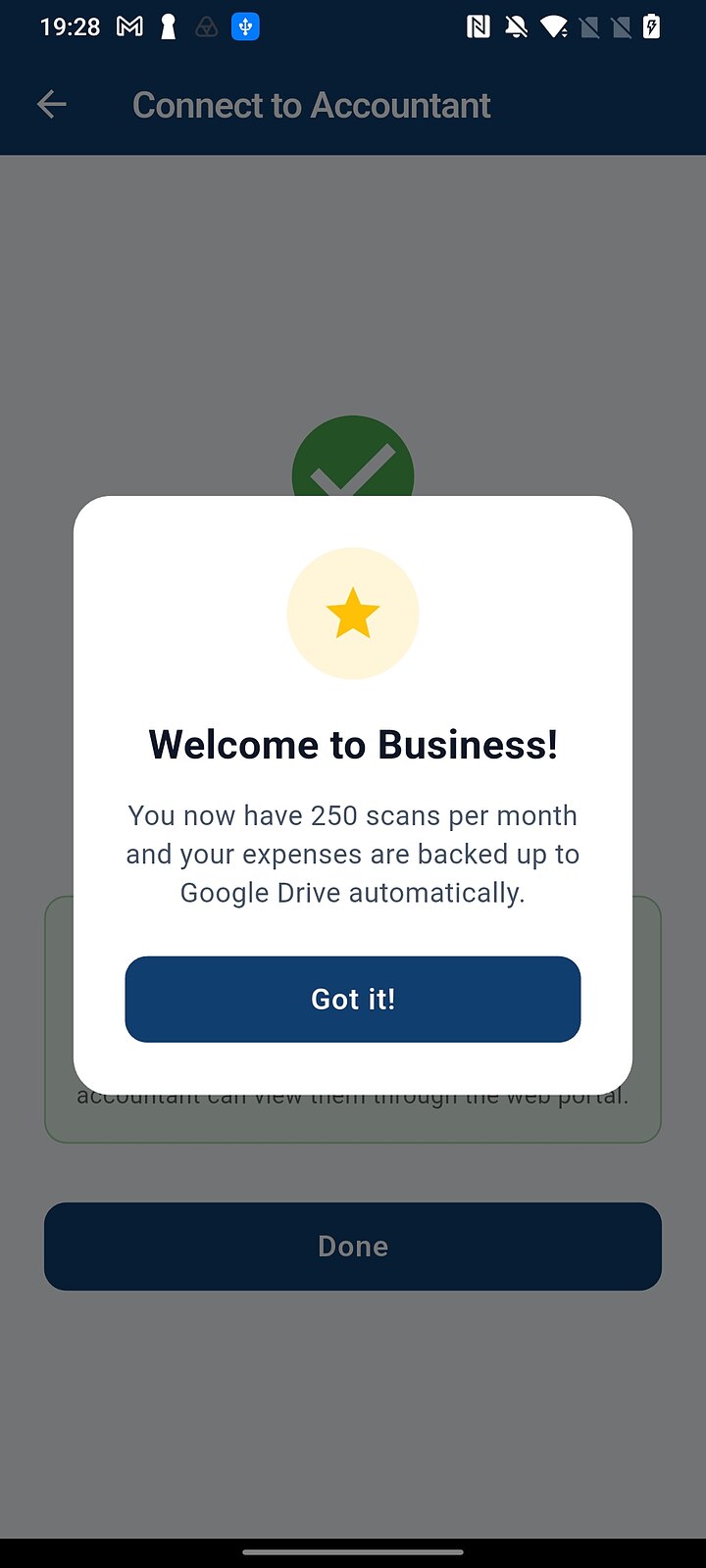 Welcome to Business dialog: 250 scans per month and automatic Google Drive backup
