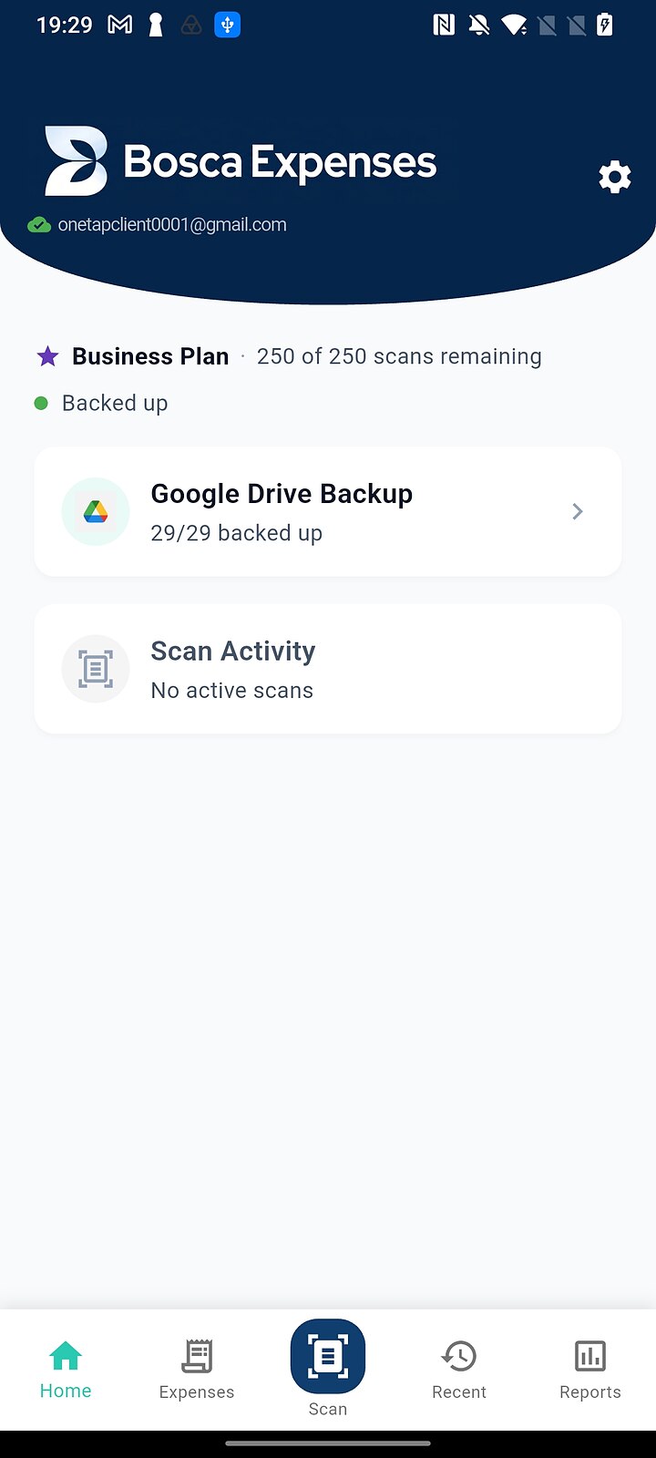 Home screen now showing the Business Plan with 250 of 250 scans remaining and backed up status