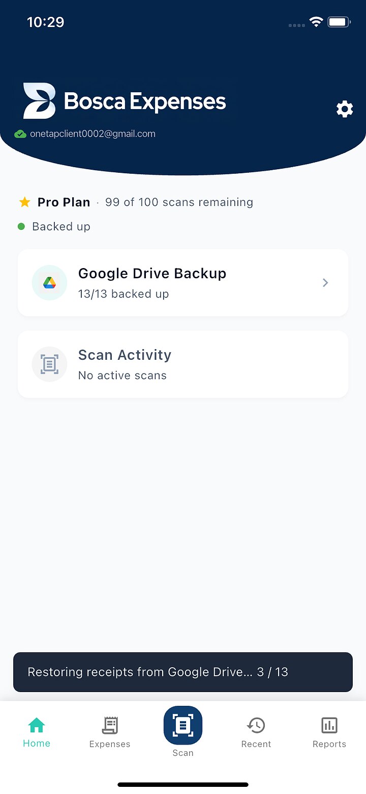 Bosca home screen with a stuck restoring-receipts banner at the bottom — an example of a bug