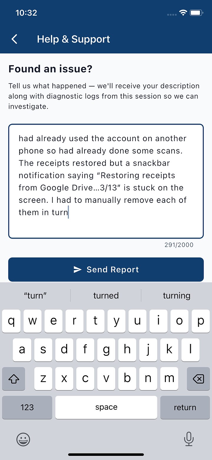 Found an issue form with a description typed in and a Send Report button