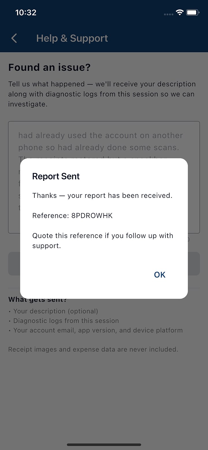 Report Sent confirmation with a reference code, and a list of what gets sent