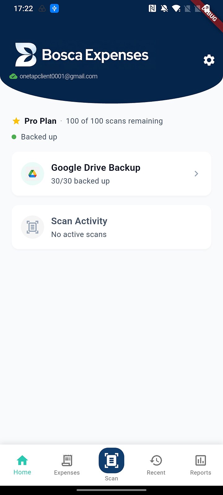 Bosca home screen showing the plan, scans remaining, Google Drive backup status and scan activity