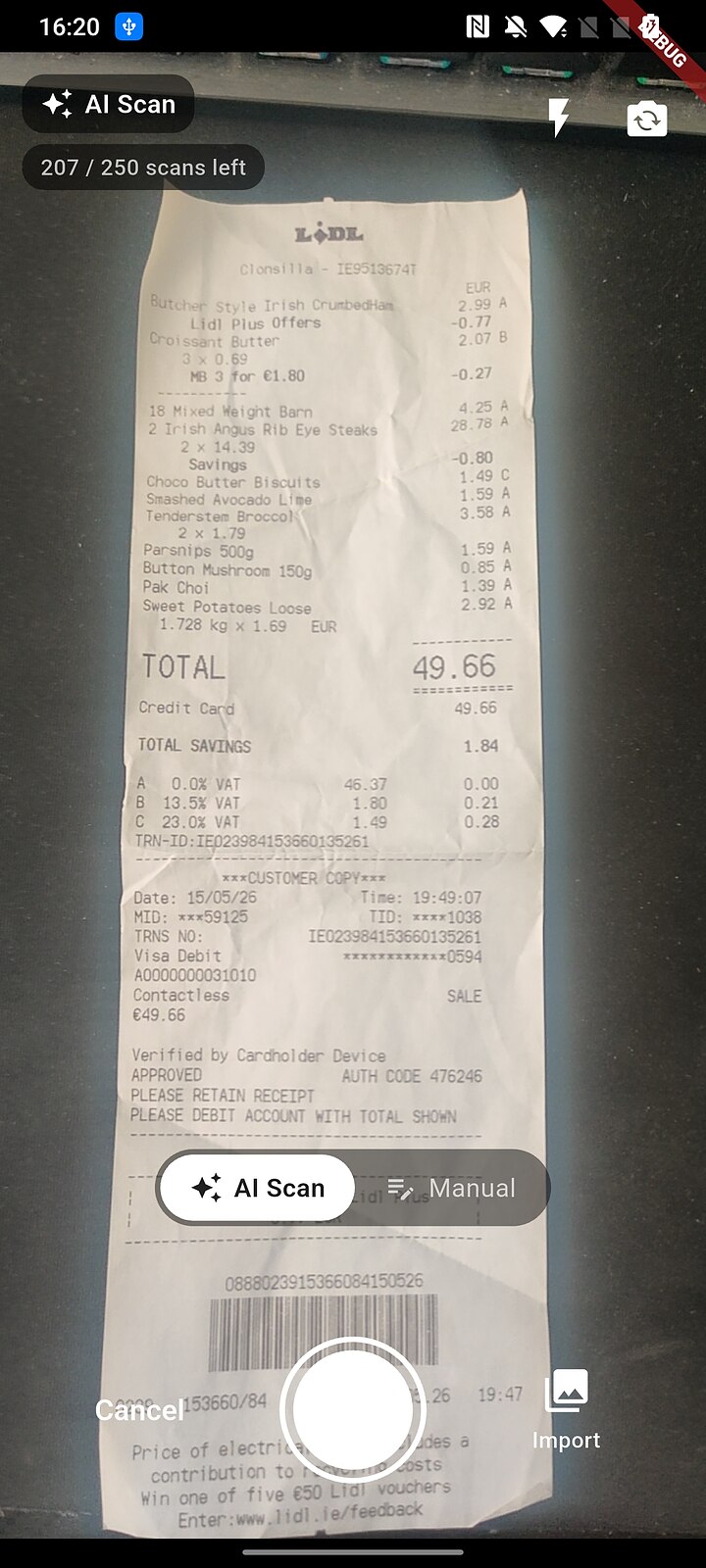 Camera screen photographing a long Lidl receipt, with AI Scan selected and the remaining scan count shown