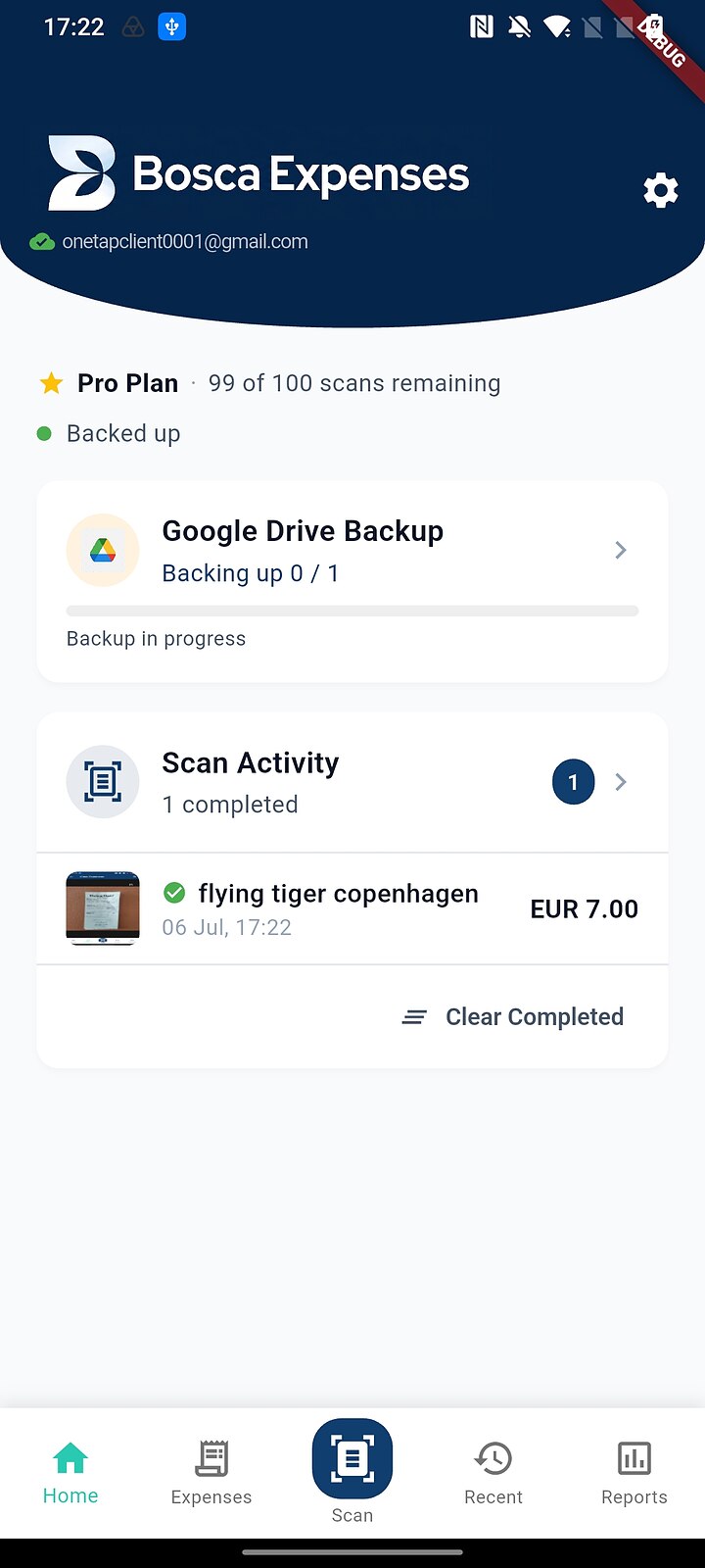 Home screen showing the completed scan while Google Drive backup runs automatically in the background