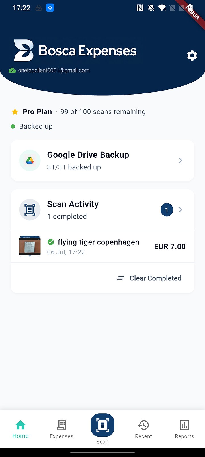 Scan Activity showing the completed scan with the merchant name and EUR 7.00 total extracted, all receipts backed up