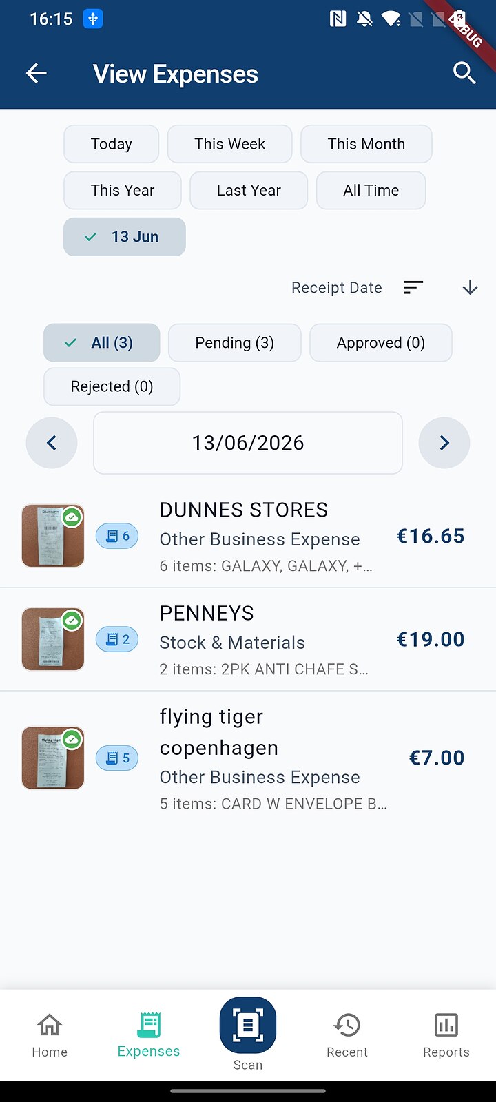 View Expenses screen listing scanned receipts by date with categories, line item counts and totals