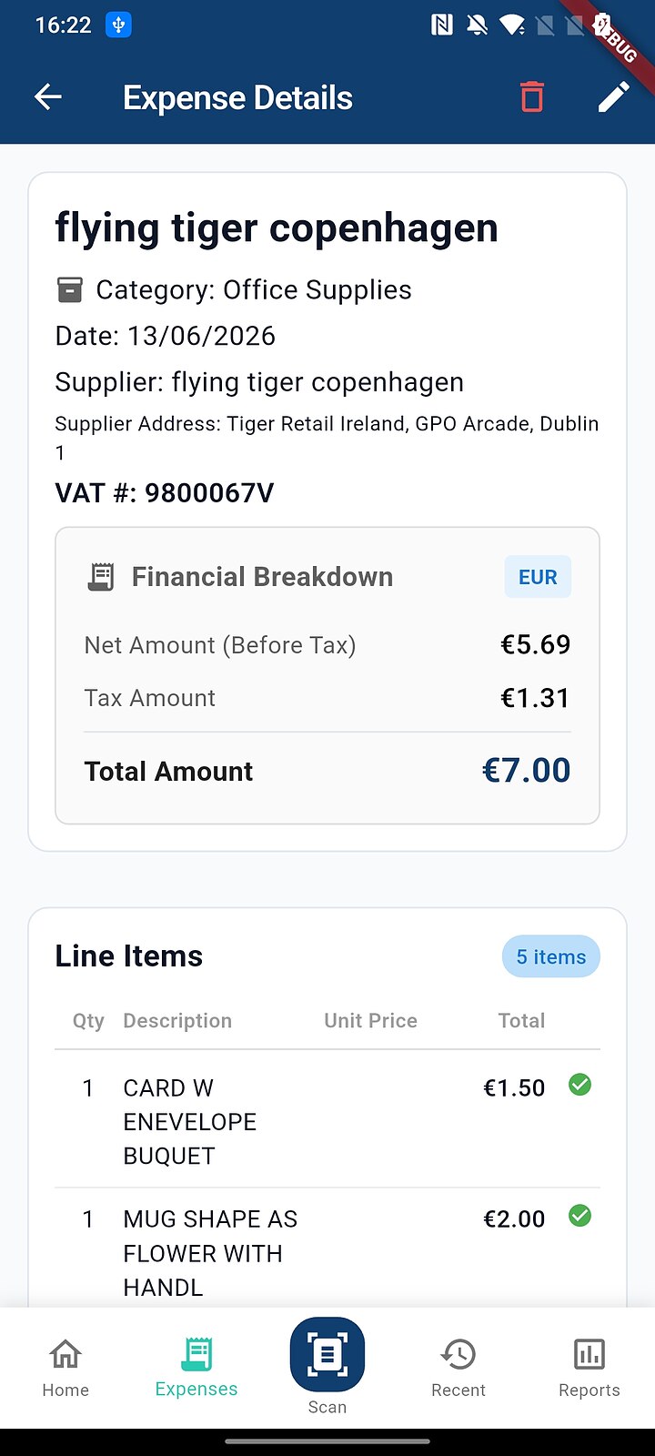 Expense details showing supplier, address, VAT number, net, tax and total amounts, and extracted line items