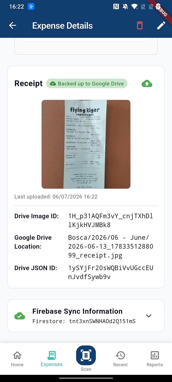 Expense details showing the original receipt photo backed up to Google Drive with its Drive folder location