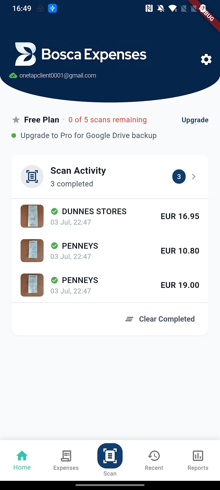 Home screen on the Free plan showing 0 of 5 scans remaining