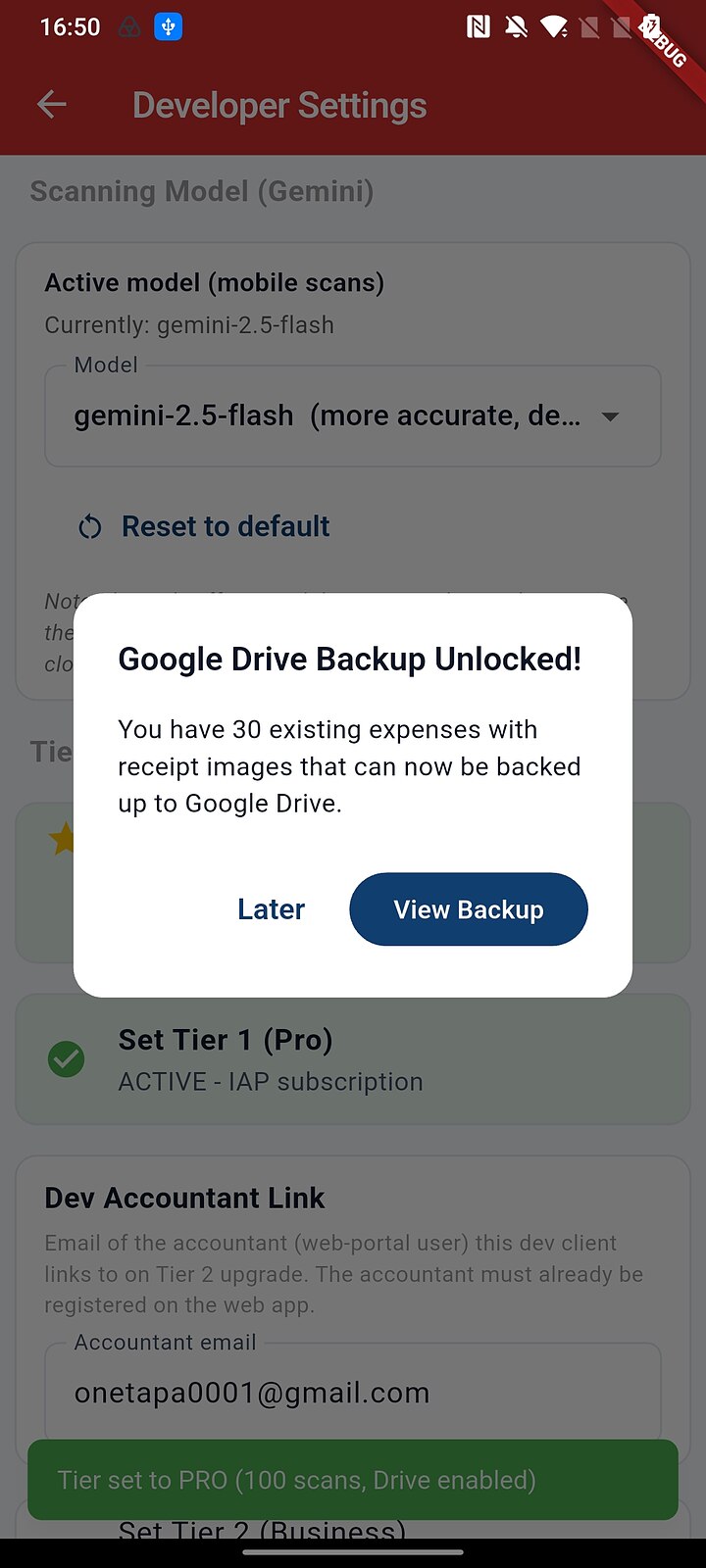 Confirmation dialog: Google Drive Backup unlocked, with tier set to PRO snackbar