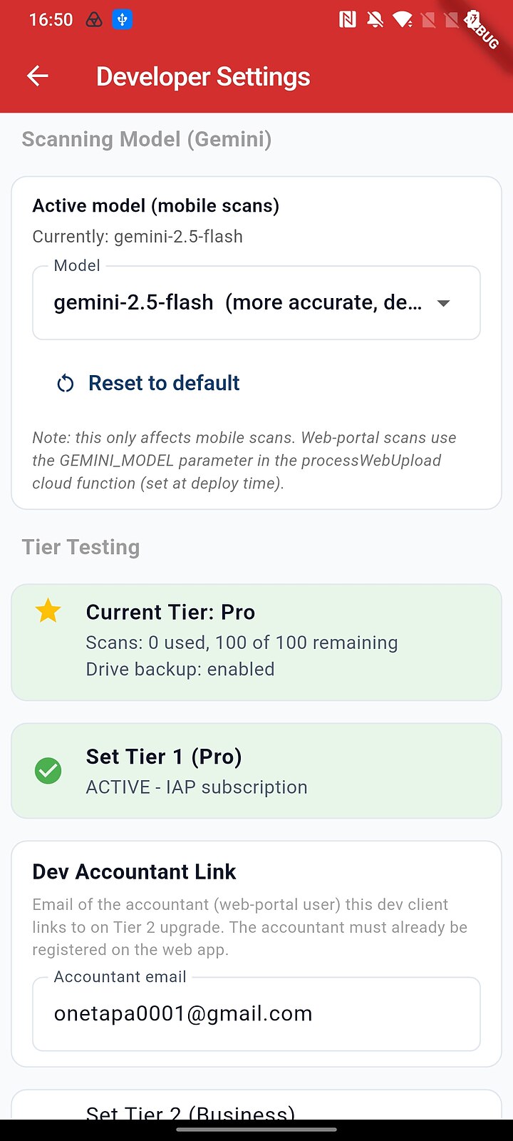 Tier Testing now shows Current Tier Pro with 100 scans and Drive backup enabled