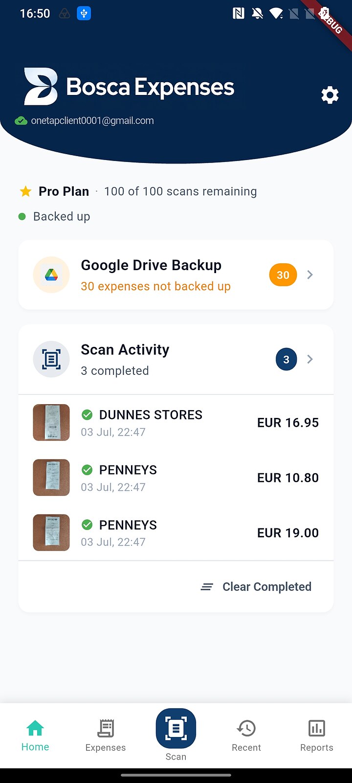 Home screen on the Pro plan with 100 scans and the Google Drive backup card showing expenses to back up