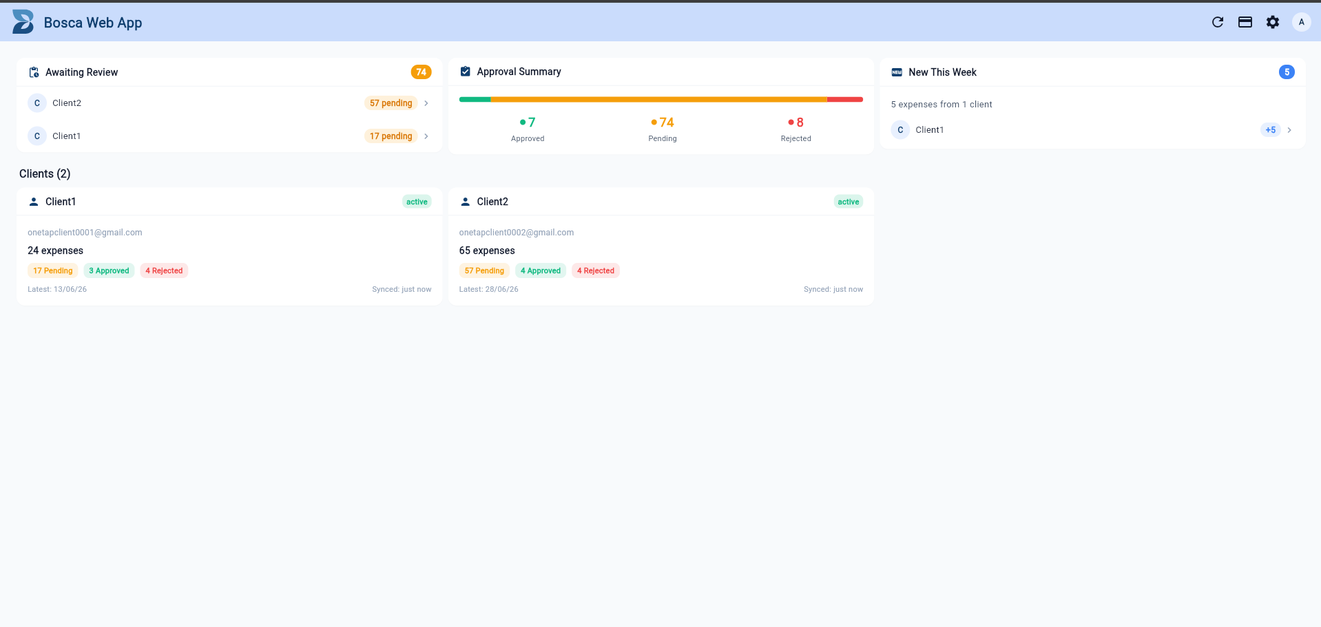 Web portal dashboard showing items awaiting review, approval summary and client cards