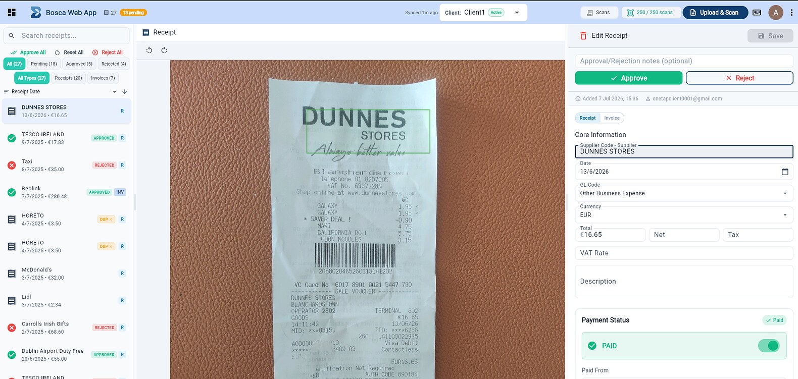 Three-panel receipt review: receipt list, original image, and extracted fields with approve and reject buttons