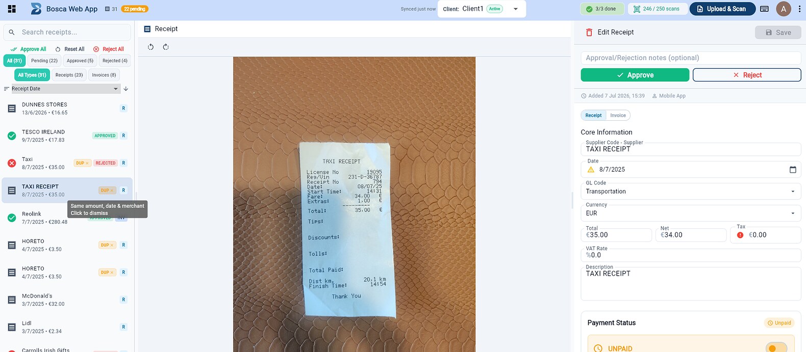 Receipt list with duplicate badges and a tooltip explaining same amount, date and merchant