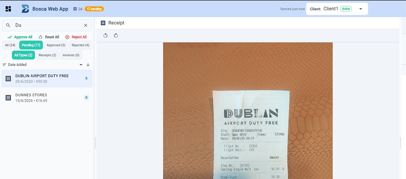 Searching receipts with status and type filter chips narrowing the list