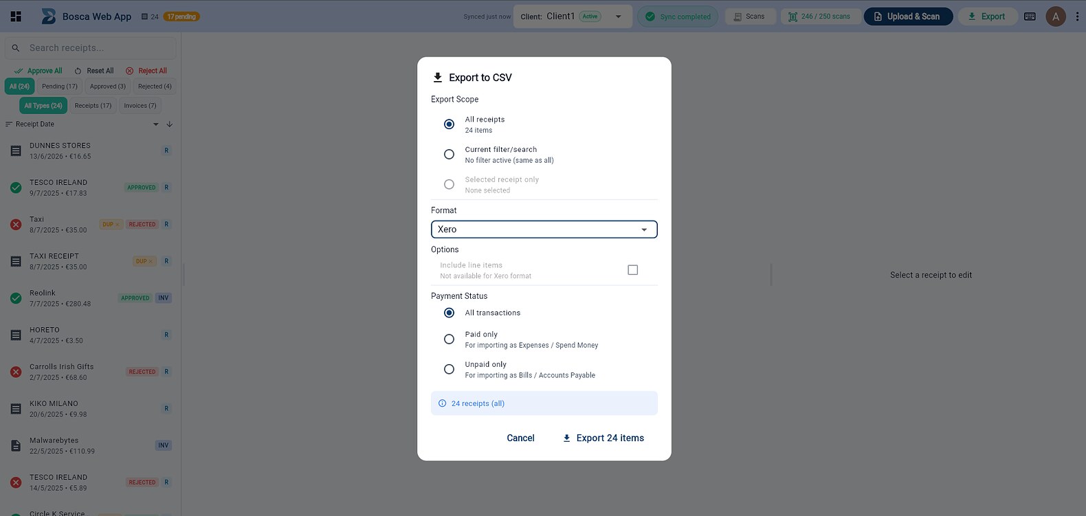 Export to CSV dialog with scope options, Xero format selected, and paid or unpaid transaction filtering