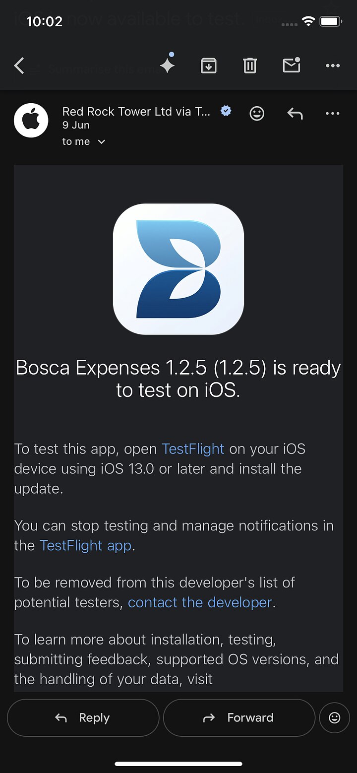 TestFlight invitation email from Red Rock Tower Ltd saying Bosca Expenses is ready to test on iOS