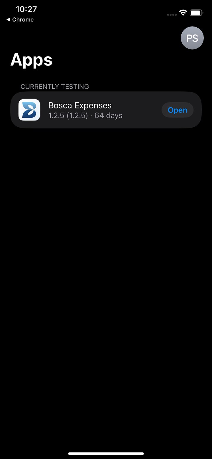 TestFlight Apps list with Bosca Expenses installed, showing the Open button