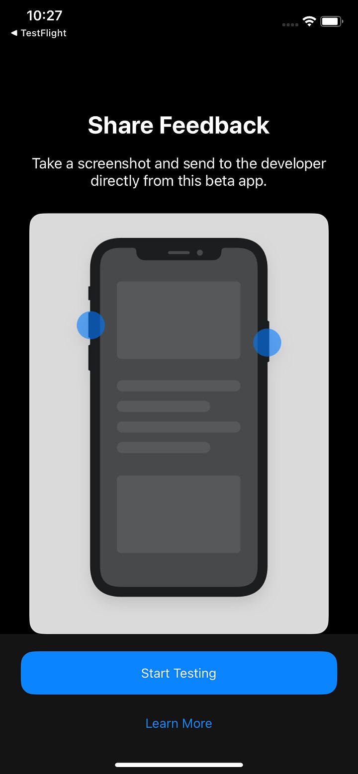 TestFlight Share Feedback screen explaining screenshot feedback, with the Start Testing button
