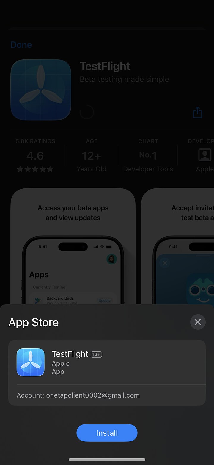App Store confirmation sheet to install TestFlight