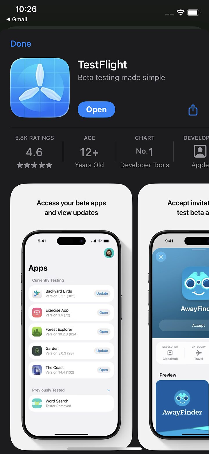 TestFlight installed, showing the Open button on the App Store