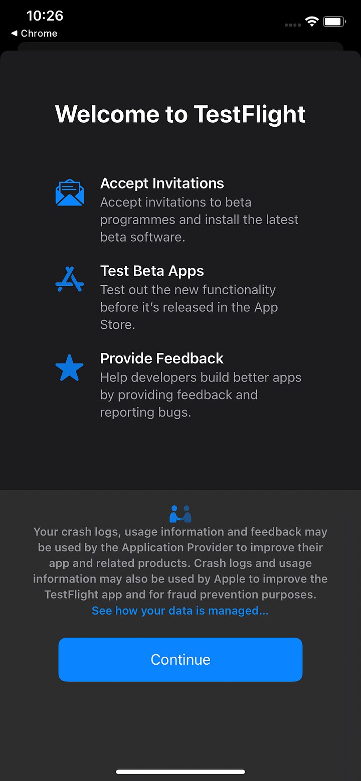 TestFlight welcome screen explaining invitations, beta apps and feedback