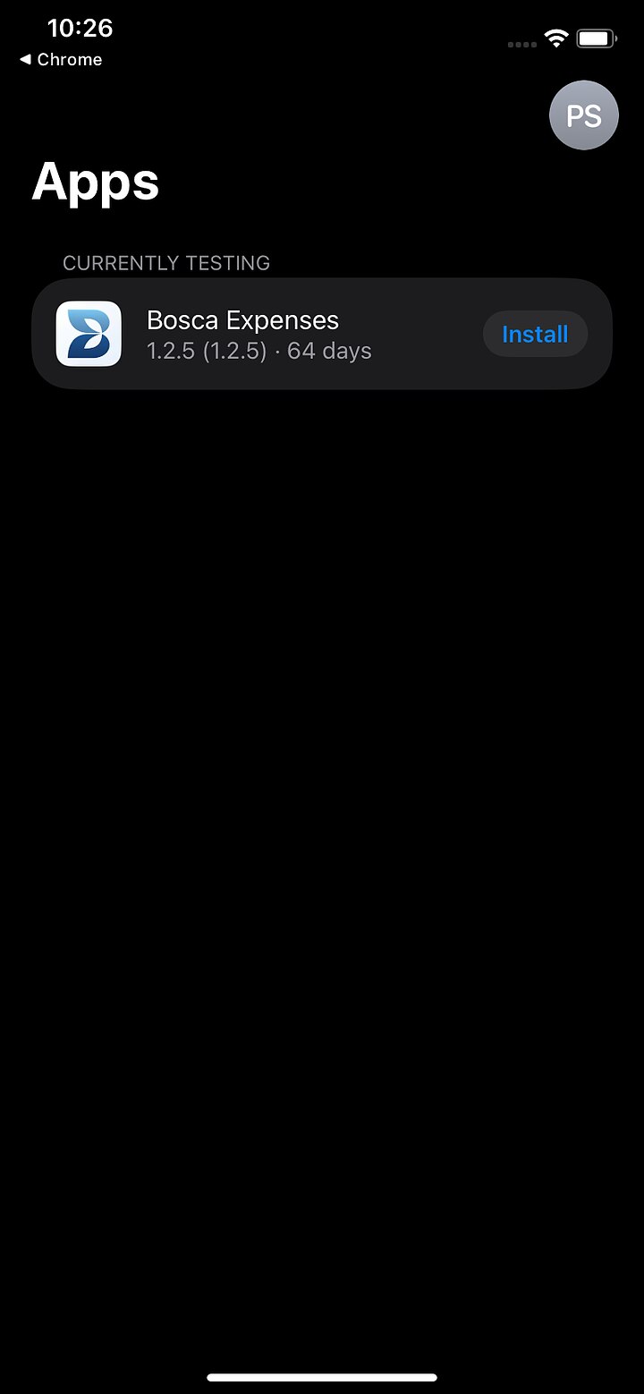 TestFlight Apps list showing Bosca Expenses with an Install button